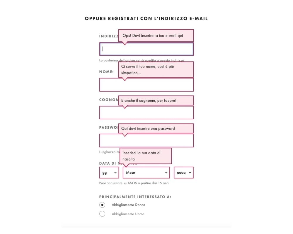 Esempi di messaggi di errore nel form